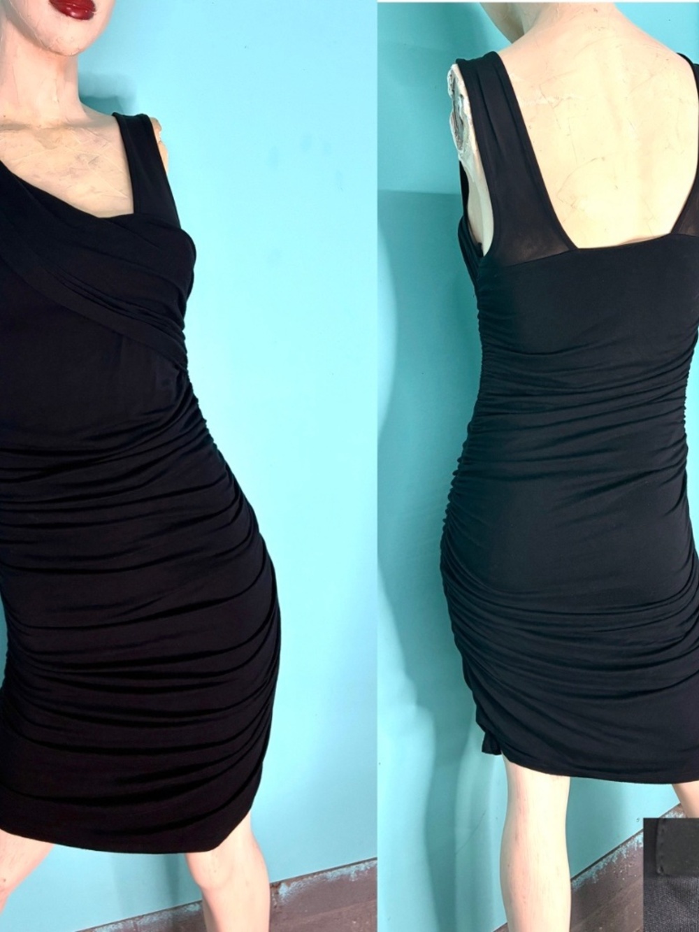 Vtg Y2K EXPRESS "Little Black Dress" Stretch Sexy Asymmetric Ruched Tank Party~S - Picture 7 of 9
